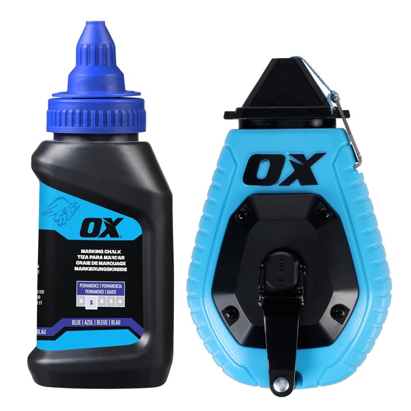 Ox Pro 100ft Contractor Chalk Line with Blue Chalk Powder 4oz - Quick-Wind Cotton Nylon Basic Bold Line Marking Tool in Pointed Tip ABS Plastic - 3:1 Gear Ratio Chalk Reel Tool -T630601 - Image 1